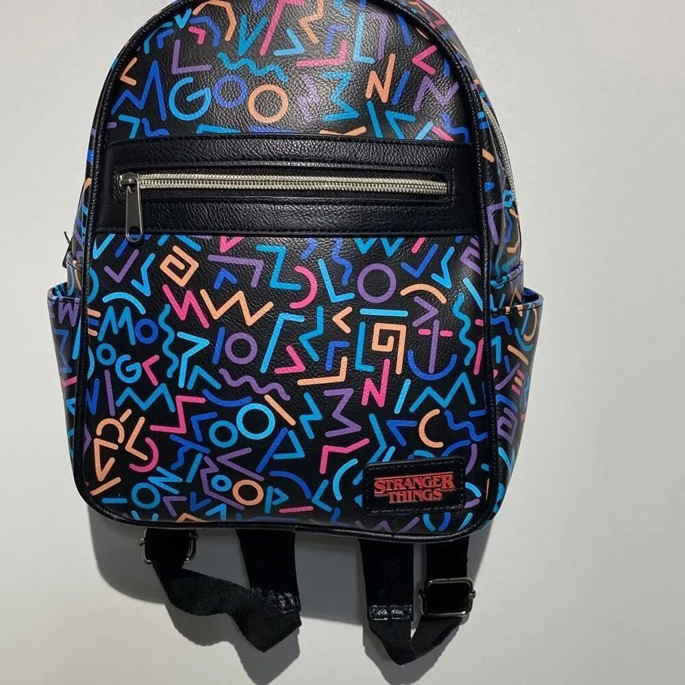 Stranger Things Women's Multicolor Geometric Lines Mini Black‎ Backpack